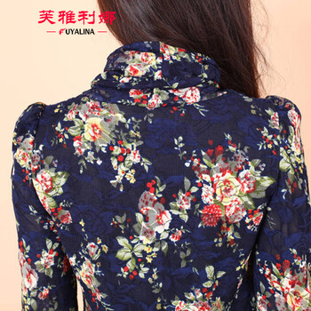 芙雅利娜 2015秋冬新款高领加绒加厚印花蕾丝打底衫Q1129 蓝色 加绒加厚 XXL