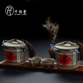 
                                        千怡堂 茶叶罐一桶乾坤双罐对罐陶罐普洱茶仓茶具套装 保鲜储存陶瓷粗陶QYT1104 中号一桶乾坤双罐礼盒装                