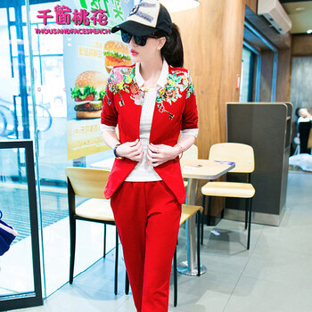 千面桃花2015秋冬韩版碎花女装小西服卫衣三件套修身运动套装女秋休闲外套 大红色 XXL