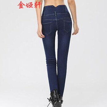 金娅轩冬装女装韩版加绒加厚牛仔裤铅笔裤小脚裤长裤女 黑色加绒 28码