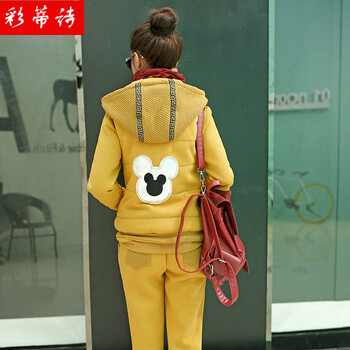彩蒂诗 2015秋冬新款连帽加绒加厚修身套头长袖卫衣女款三件套套装 大红色 L
