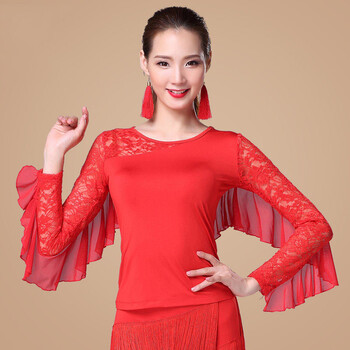 拉丁舞摩登形体服装女成人春夏季新款练功服舞蹈上衣广场舞衣 红色