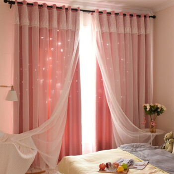 韩式镂空星星窗帘粉色梦幻公主风卧室蕾丝双层遮光落地窗定制成品