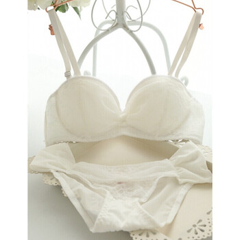 欧美品牌蕾丝蝴蝶结半杯聚拢款防滑新娘文胸套装 白色 80c