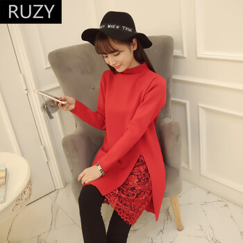 RUZY春季韩版针织毛衣蕾丝连衣裙女 粉色均码