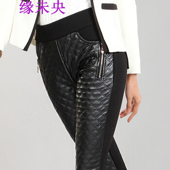 衣缘系我2015新款女装冬季加厚PU皮棉裤修身水洗皮黑色铅笔裤保暖打底裤皮裤T525C80 黑色 XL
