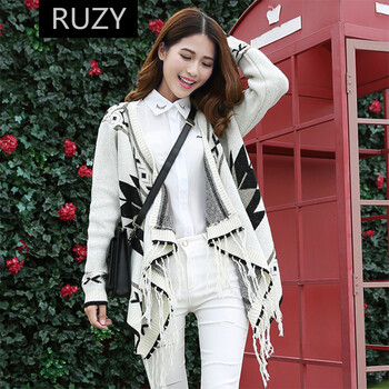RUZY秋季流苏披肩毛衣短外套女 米白色 均码