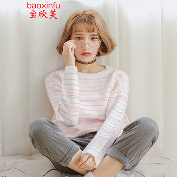 Baoxinfu 2015秋冬装新款韩版时尚女装细条纹打底针织衫  圆领套头毛衣女9289 粉色 均码