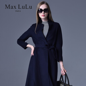 maxlulu2016秋冬新款长款毛呢外套腰带修身翻领长款双面羊毛大衣 藏青 165/88A