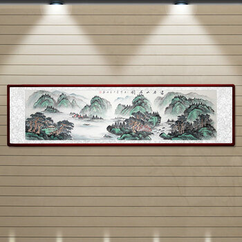 
                                        苏雅字画国画手绘山水画纯手绘字画富春山居图 红褐色实木框配有机玻璃 68x228厘米                