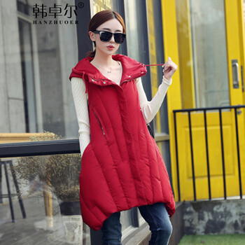韩卓尔 2015秋冬新品女装加厚连帽长款马甲棉服外套X3066 卡其 2XL