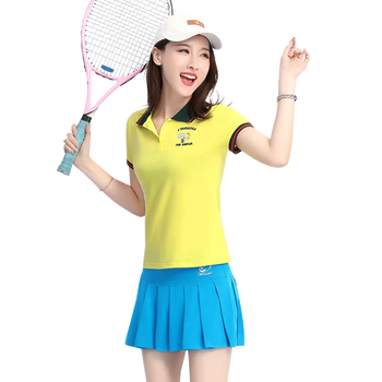 2018新款夏季网球服套装短袖运动服休闲两件套刺绣 黄配蓝 女士3xl