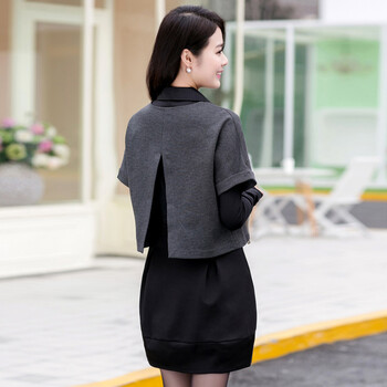 妮丝轩纺 2015秋装新款连衣裙修身显瘦长袖两件套女裙 灰色 4XL