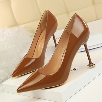 秋季新款欧美单鞋女细跟超高跟裸色工作鞋sn4825 棕色(漆皮1716-6) 35