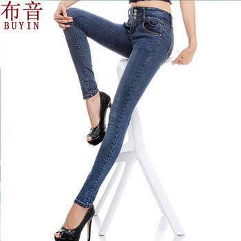 布音牛仔裤女韩版新款时尚高腰牛仔小脚裤弹力牛仔长裤修身显瘦裤子女 深蓝色 30
