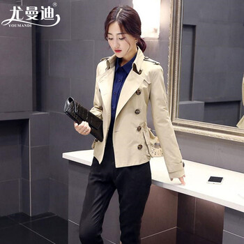 尤曼迪新款短外套女韩版修身长袖翻领休闲短款外套YSH 卡其色 L