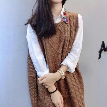 筱嫣儿2015秋装新款韩版中长款圆领毛衣马甲女1061 咖啡色 M