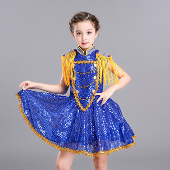 儿童爵士舞亮片演出服女童街舞架子鼓现代舞服装啦啦操表演服 蓝色