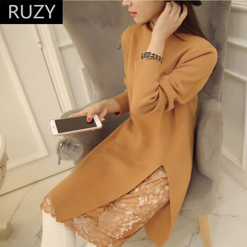 RUZY春季韩版针织毛衣蕾丝连衣裙女 粉色均码