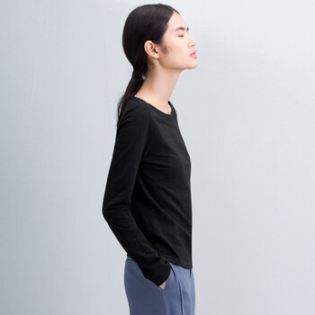 Amii Redefine2015秋冬新文艺修身大码一字领拼接T恤女 暮黑 L