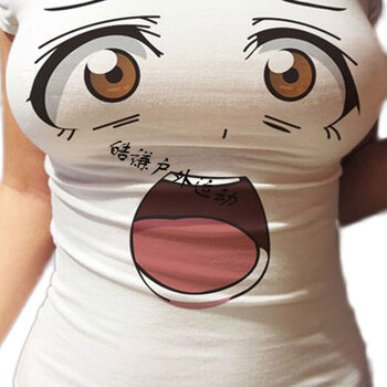 3d大眼睛萌妹子白色修身t恤女短袖卡通动漫显胸大打底衫半袖 大眼睛