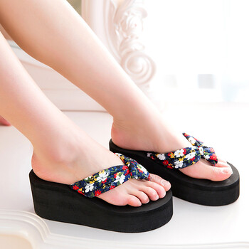 厚底7公分硬碎花凉拖女式女士人字拖鞋海边沙滩鞋女 黑色 35