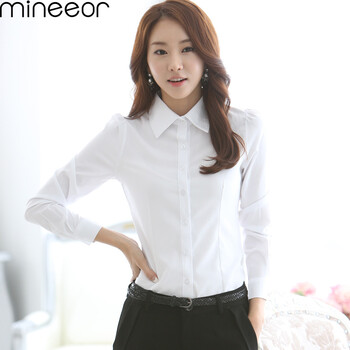 mineeor 2016新款短袖白衬衫女大码新品韩版修身翻领百搭长袖OL职业装 G-165 长袖-白色 M