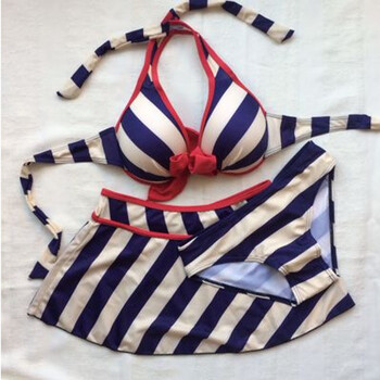 南极人大码比基尼大胸泳衣大罩杯裙式胖mm钢托聚拢e罩杯女海军条纹