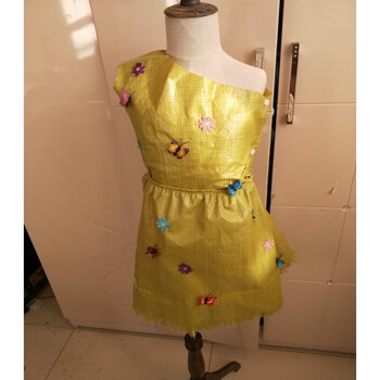 新款儿童子装手工制作编织袋女童环保服时装走秀舞台演出服 浅棕色