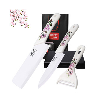 
                                        欧菲斯（Ofeis） 进口陶瓷菜刀切片刀水果刀削皮器三件套 送刀架 牡丹花烤瓷                