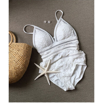 泰蕾丝黑白色连体三角比基尼bikini性感遮肚显瘦镂空泳衣女 白色 s(75