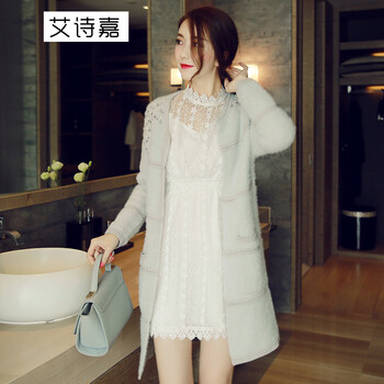 艾诗嘉毛衣女装外套2015冬装新款韩版时尚简约优雅淑女女式针织开衫中长款3342 灰色 S 灰色 均码