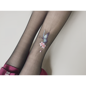 个性纹身丝袜女蝴蝶花朵图案印花连裤袜薄透明水晶丝打底袜sd 蝶恋花