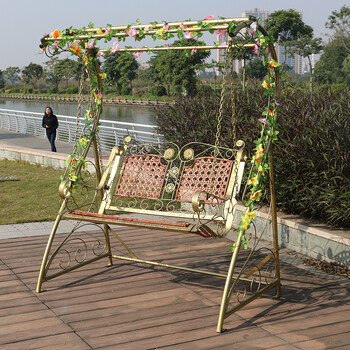 户外休闲铁艺秋千花园吊椅双人秋千室外吊床阳台小区摇椅 藤编金纹(包