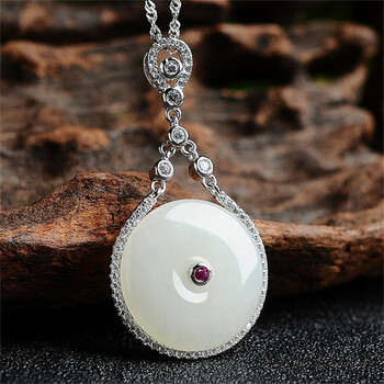 润脂925银镶嵌和田玉白玉平安扣吊坠时尚女款挂件