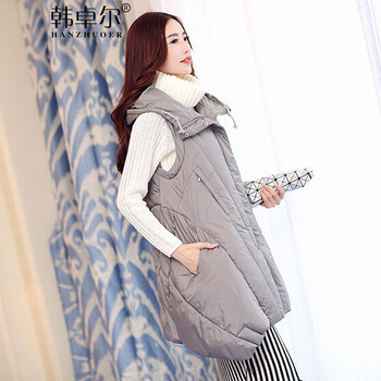 韩卓尔 2015秋冬新品女装加厚连帽长款马甲棉服外套X3066 卡其 2XL