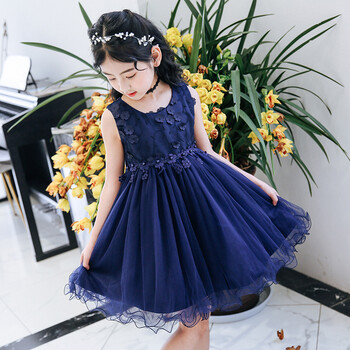 2018夏季新款女童连衣裙 韩版中小童儿童公主裙 纱裙童装 深蓝色 130