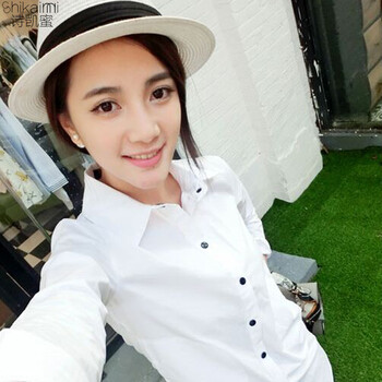诗凯蜜女中长款黑纽扣修身长袖衬衫白衬衣 白色 L