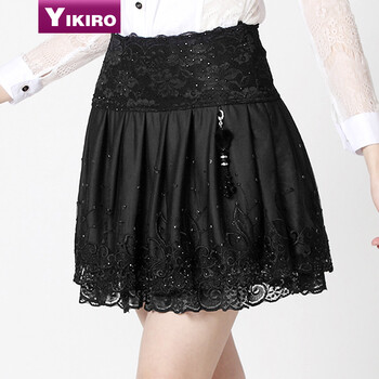 yikiro2015秋冬新款韩版三层蕾丝百折松紧腰半身裙短裙公主打底裙 Y1105 黑色 L-大码