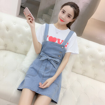 15初中生13学院风14少女孩16岁学生两件套背带裙女夏装牛仔连衣裙 浅