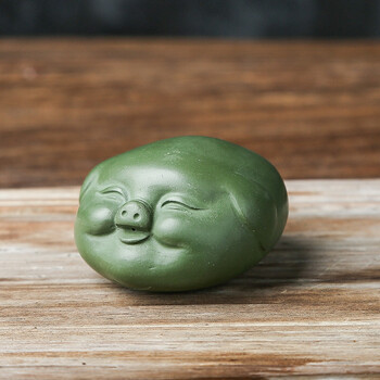 宜兴原矿绿泥紫砂猪头口吐泡泡福猪茶宠摆件精品可养陶瓷小猪茶玩 绿