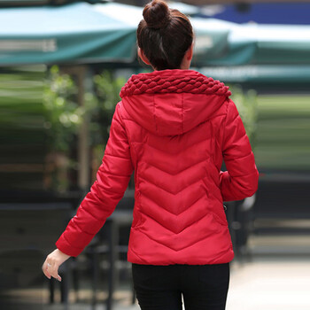 韩姿琦2015新款毛线连帽羽绒棉服短款外套女冬 962 红色 L