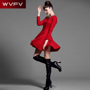 WVFV2016春装新款欧美气质红色性感V领泡泡袖收腰显瘦大摆连衣裙 Q076510 红色 4 M