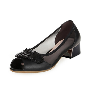 真皮2018春秋浅口网纱凉鞋真皮低跟鱼嘴鞋女式大码皮鞋子妈妈镂空单鞋