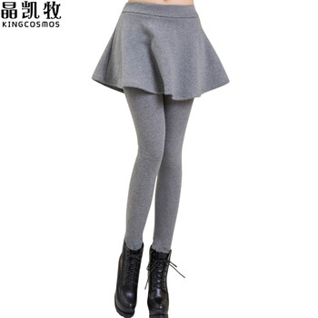 晶凯牧2015秋装新款打底裤 女装加绒加厚假两件裙裤XK101646 浅灰色  L