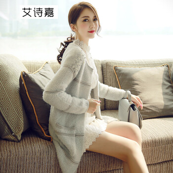 艾诗嘉毛衣女装外套2015冬装新款韩版时尚简约优雅淑女女式针织开衫中长款3342 灰色 S 灰色 均码