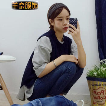羊奈2015秋装新款百搭宽松侧开叉针织麻花背心毛线马甲套头毛衣 杏色 均码