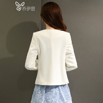 乔伊思2015女装定制细纹理立体花朵装饰经典百搭优雅小香风短外套JL416302 本白色 M
