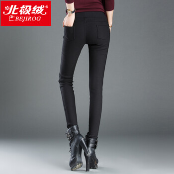 北极绒（Bejirog）新款加绒加厚打底裤女弹力糖果色铅笔裤小脚韩版潮长裤子 冬款修身彩裤 黑色 XXL