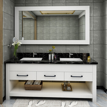 北欧双盆浴室柜组合卫生间落地洗手洗脸面盆现代实橡木卫浴洗漱台 2米